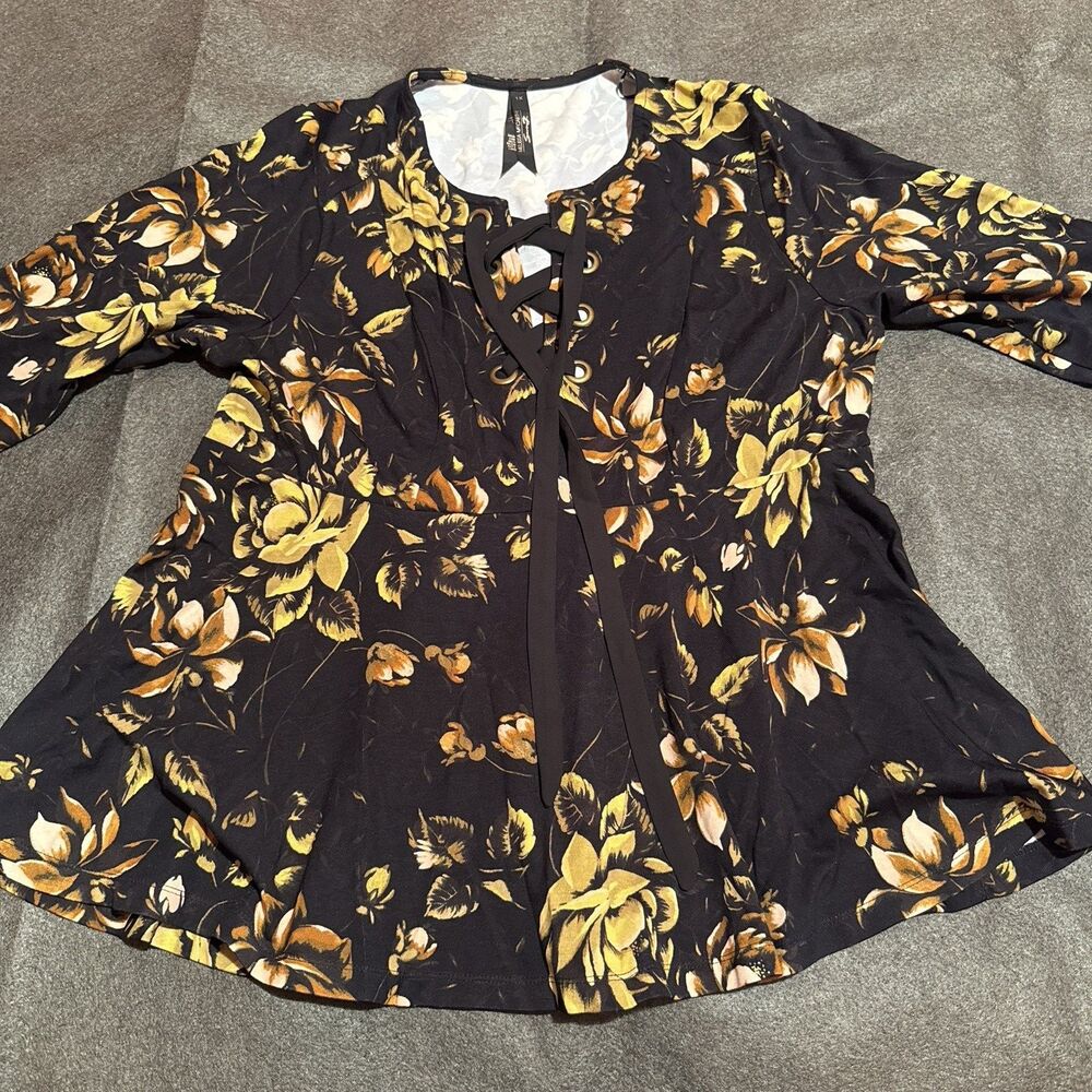 Melissa McCarthy Seven7 Floral Tunic Top Womens 2X Black Long Sleeve Blouse